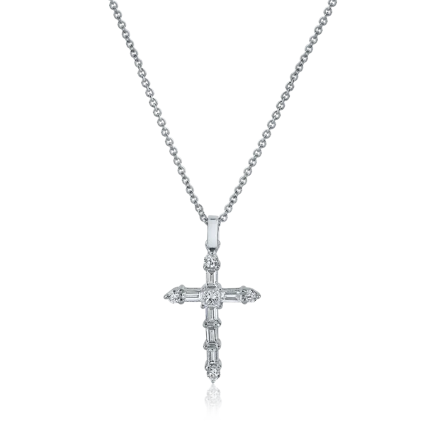 Lant cu pandantiv cruce din aur alb cu diamante baguette, princess si rotunde de 0.44ct