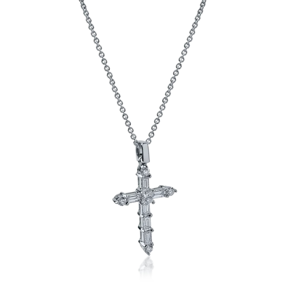 Lant cu pandantiv cruce din aur alb cu diamante baguette, princess si rotunde de 0.44ct - imagine 2