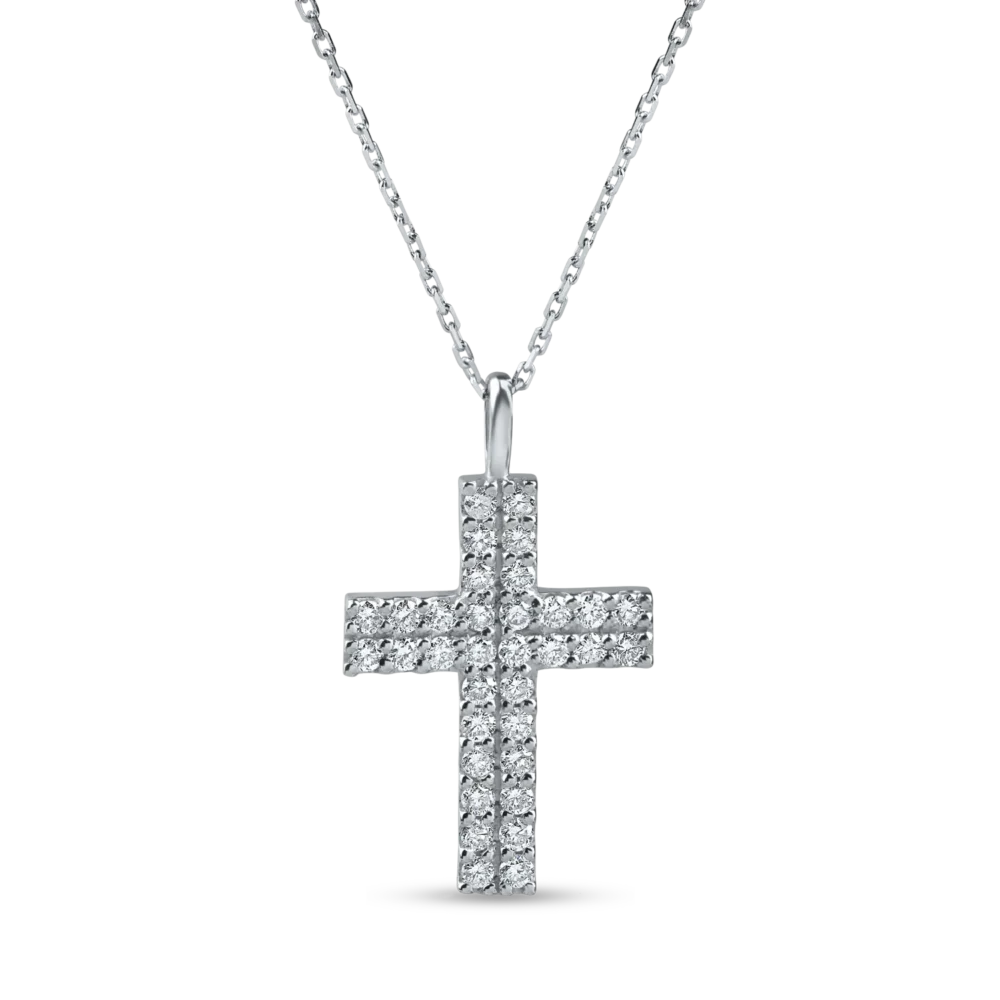 Lant cu pandantiv cruce din aur alb cu diamante de 0.4ct