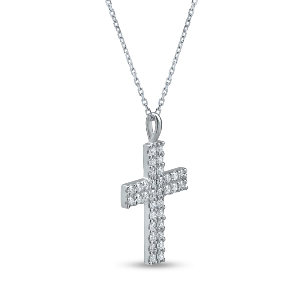 Lant cu pandantiv cruce din aur alb cu diamante de 0.4ct - imagine 2