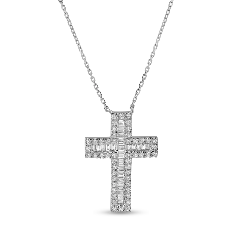 Lant cu pandantiv cruce din aur alb cu diamante baguette si rotunde de 0.4ct