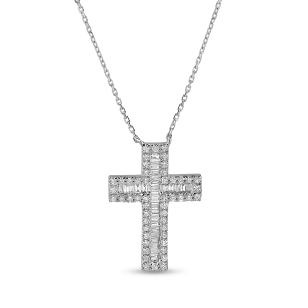 Lant cu pandantiv cruce din aur alb cu diamante baguette si rotunde de 0.4ct