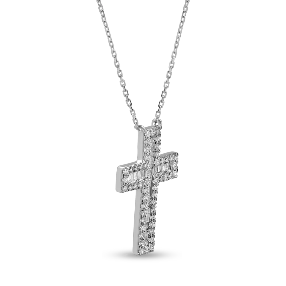 Lant cu pandantiv cruce din aur alb cu diamante baguette si rotunde de 0.4ct - imagine 2