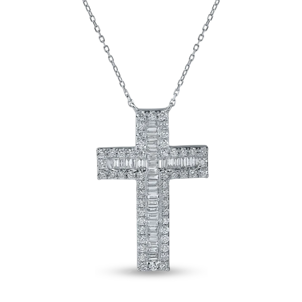 Lant cu pandantiv cruce din aur alb cu diamante baguette si rotunde de 0.7ct