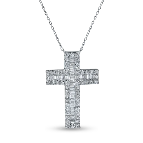 Lant cu pandantiv cruce din aur alb cu diamante baguette si rotunde de 0.7ct