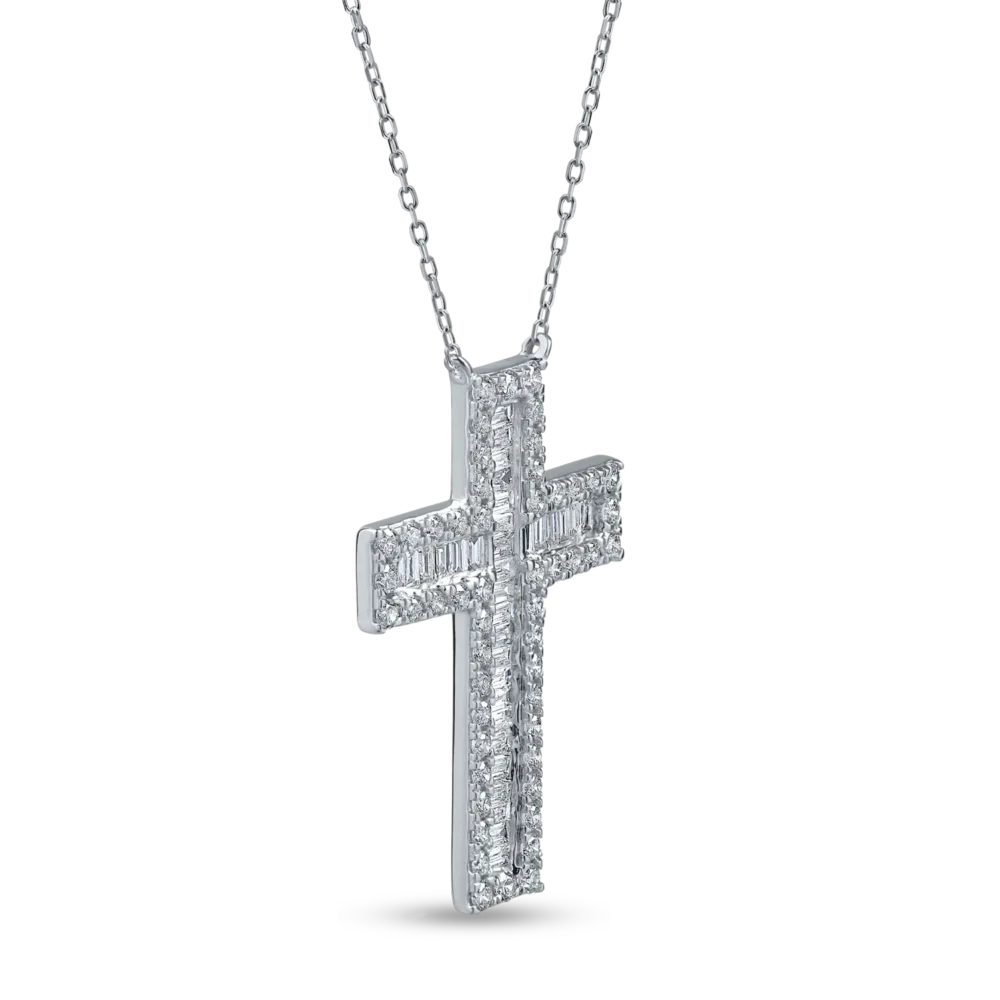 Lant cu pandantiv cruce din aur alb cu diamante baguette si rotunde de 0.7ct - imagine 2