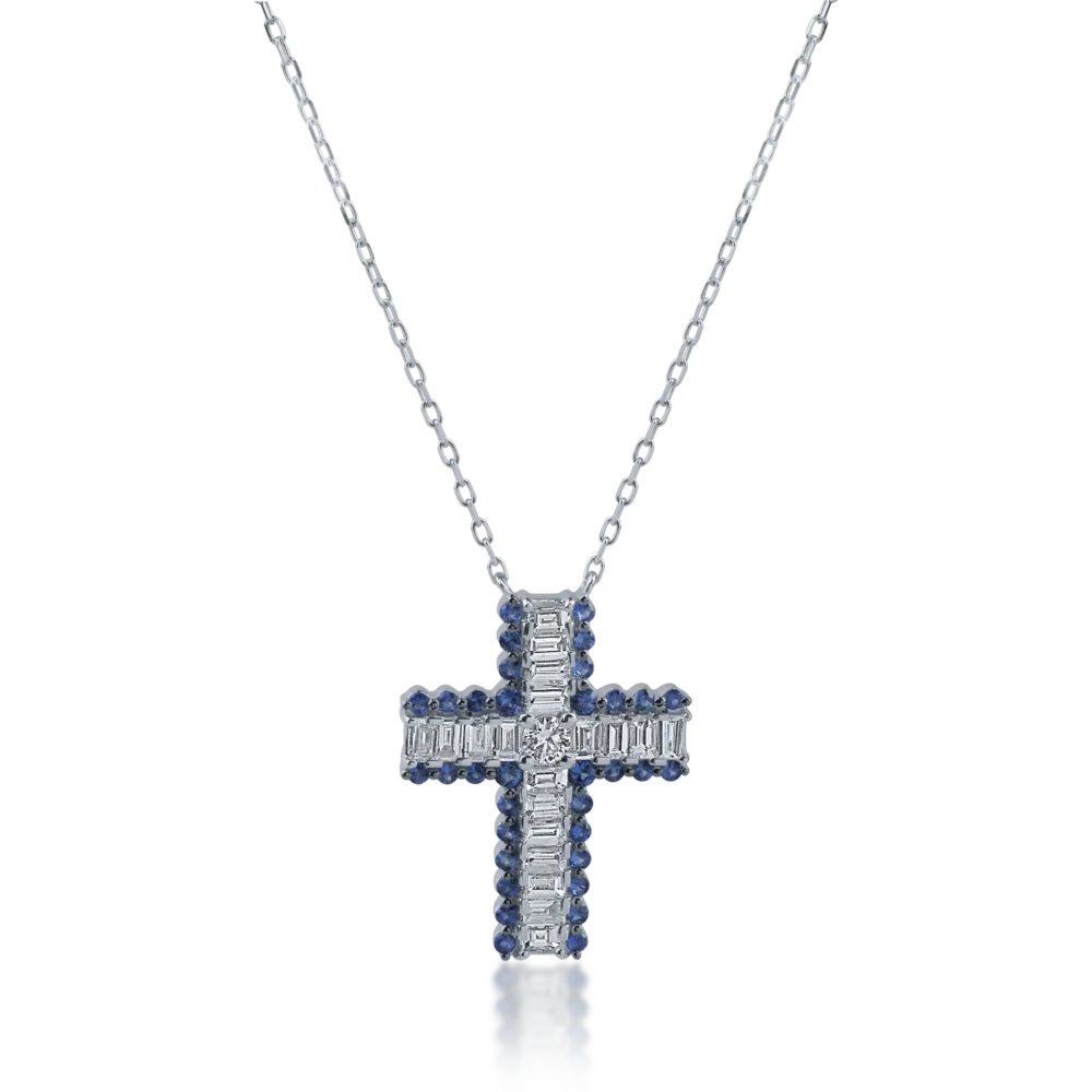 Lant cu pandantiv cruce din aur alb cu diamante baguette si rotunde de 0.93ct si safire de 0.48ct