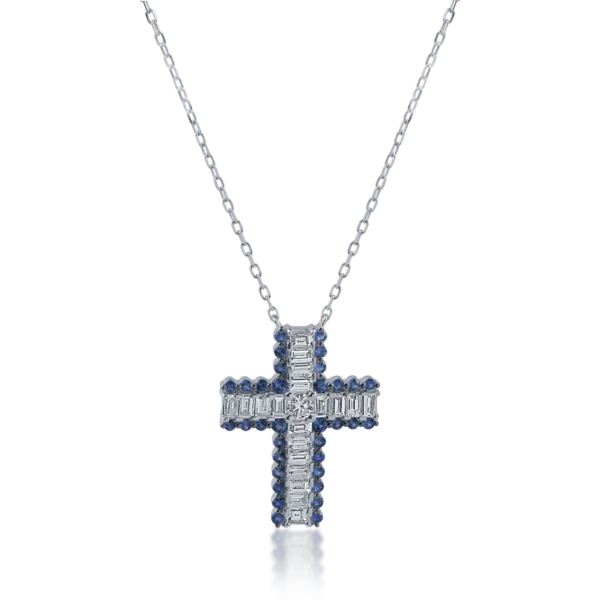 Lant cu pandantiv cruce din aur alb cu diamante baguette si rotunde de 0.93ct si safire de 0.48ct