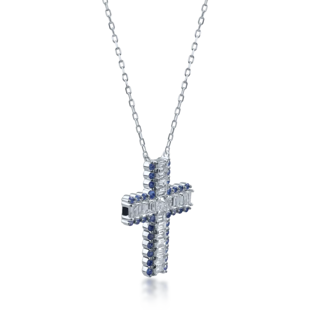 Lant cu pandantiv cruce din aur alb cu diamante baguette si rotunde de 0.93ct si safire de 0.48ct - imagine 2