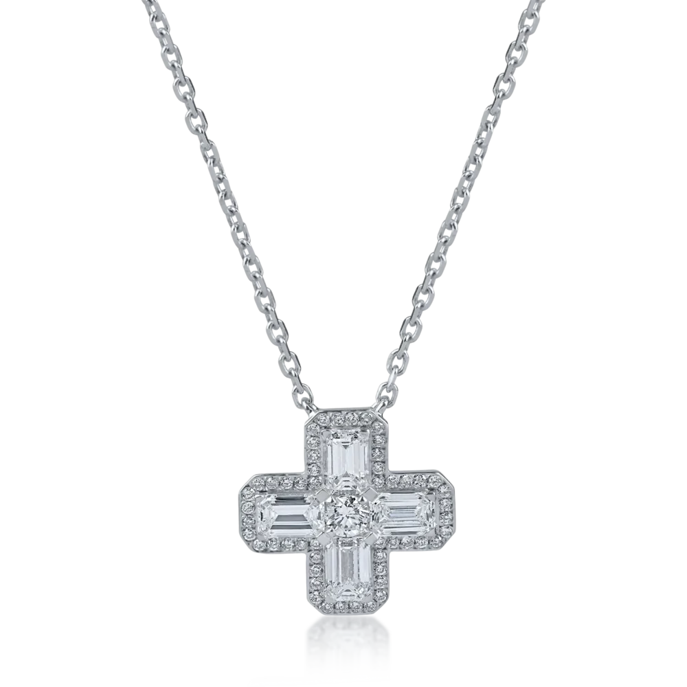 Lant cu pandantiv cruce din aur alb cu diamante emerald si rotunde de 0.9ct