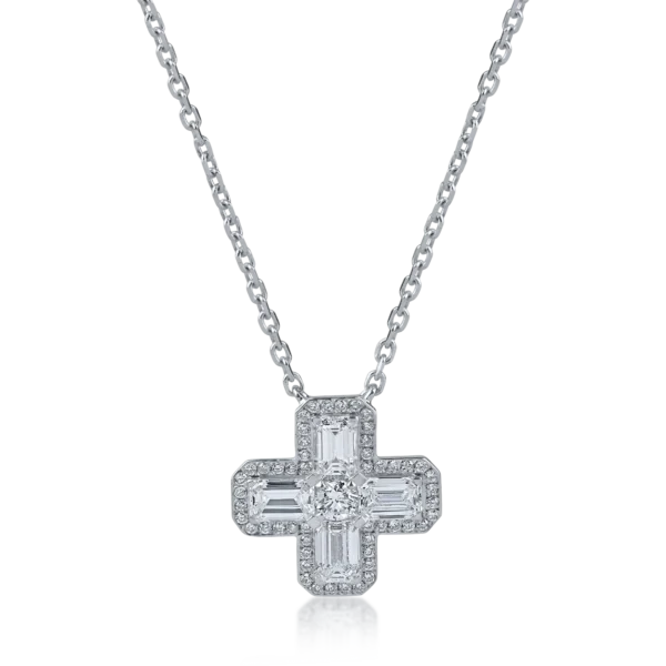 Lant cu pandantiv cruce din aur alb cu diamante emerald si rotunde de 0.9ct