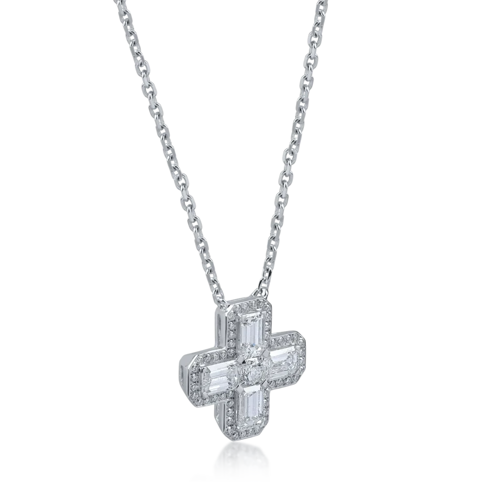 Lant cu pandantiv cruce din aur alb cu diamante emerald si rotunde de 0.9ct - imagine 2