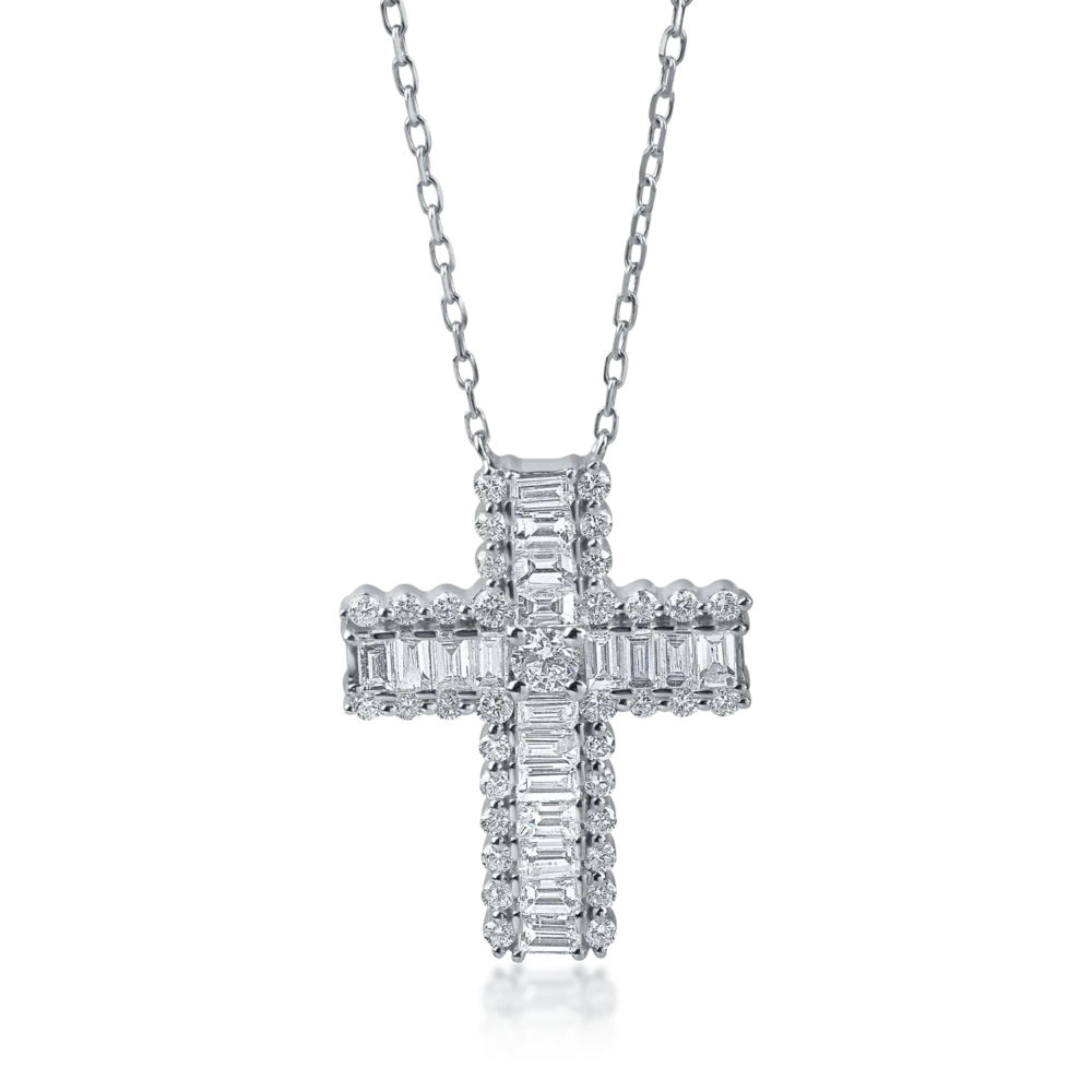 Lant cu pandantiv cruce din aur alb cu diamante baguette si rotunde de 1.4ct