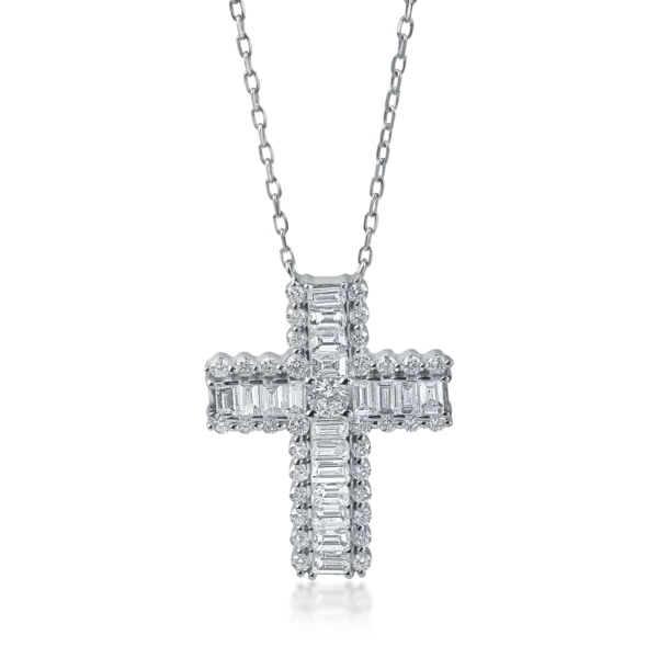 Lant cu pandantiv cruce din aur alb cu diamante baguette si rotunde de 1.4ct