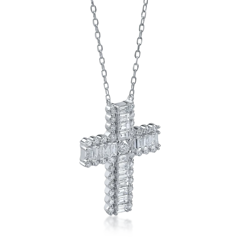 Lant cu pandantiv cruce din aur alb cu diamante baguette si rotunde de 1.4ct - imagine 2