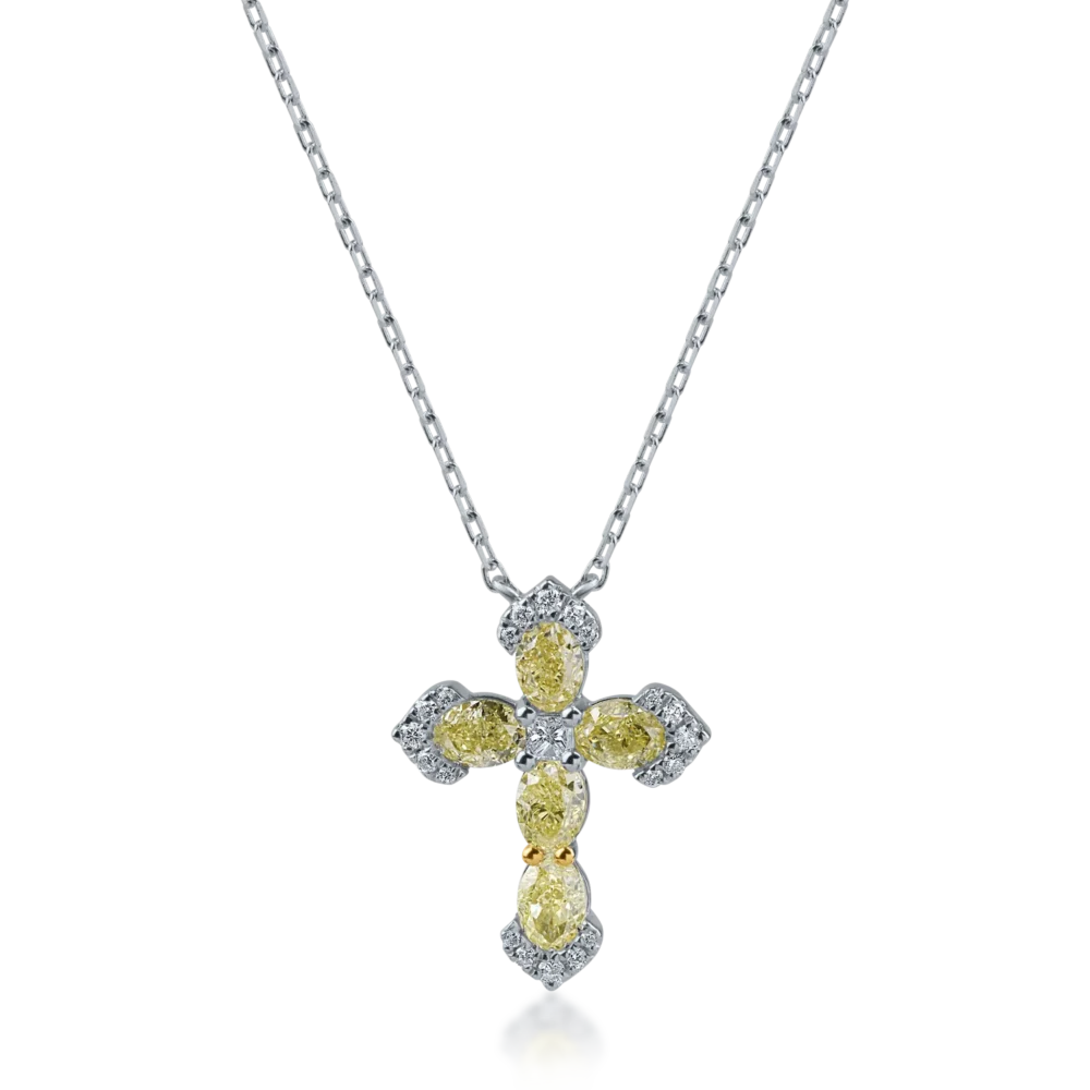 Lant cu pandantiv cruce din aur alb cu diamante galbene ovale de 1.25ct si diamante incolore princess si rotunde de 0.13ct