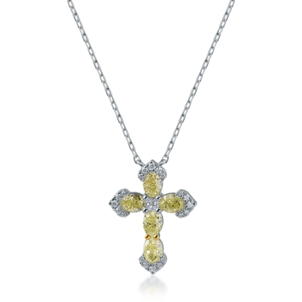 Lant cu pandantiv cruce din aur alb cu diamante galbene ovale de 1.25ct si diamante incolore princess si rotunde de 0.13ct