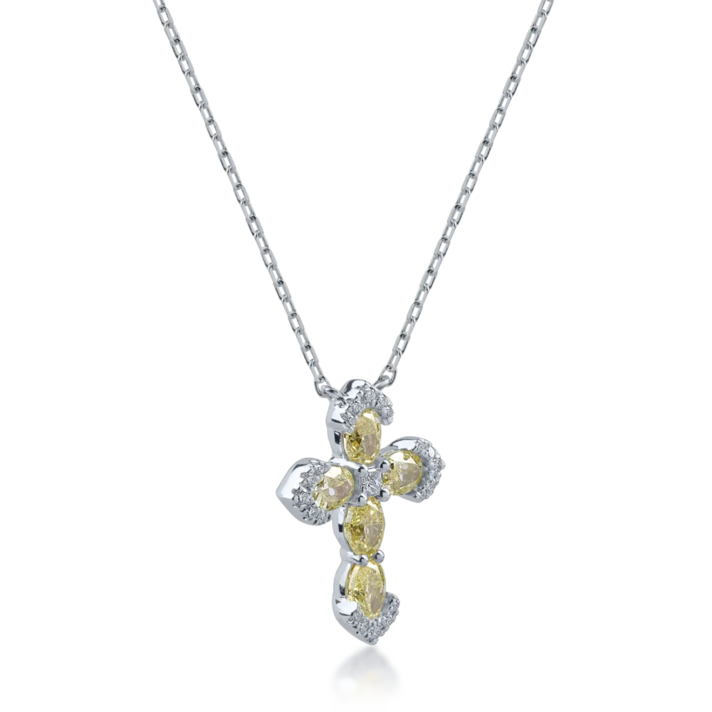 Lant cu pandantiv cruce din aur alb cu diamante galbene ovale de 1.25ct si diamante incolore princess si rotunde de 0.13ct - imagine 2