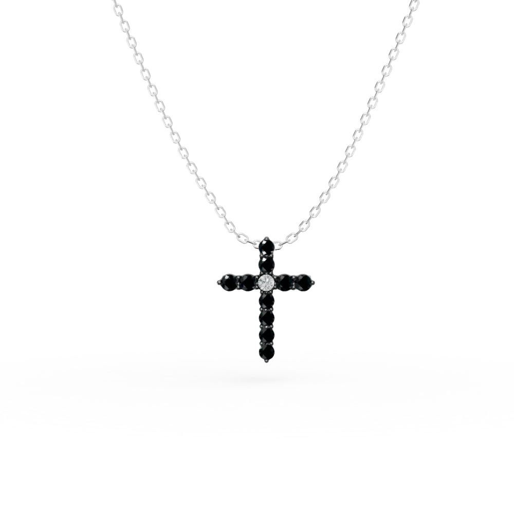 Lant cu pandantiv cruce din aur alb cu diamante incolore de 0.01ct si diamante negre de 0.09ct