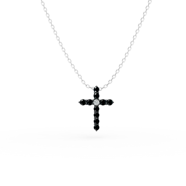 Lant cu pandantiv cruce din aur alb cu diamante incolore de 0.01ct si diamante negre de 0.09ct
