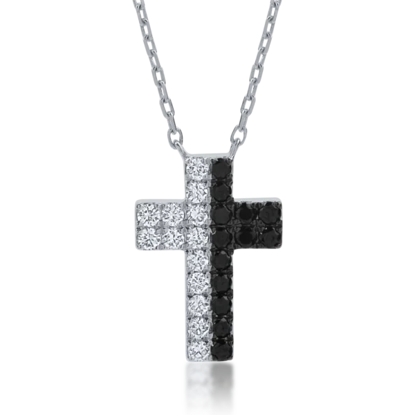 Lant cu pandantiv cruce din aur alb cu diamante incolore si negre de 0.4ct