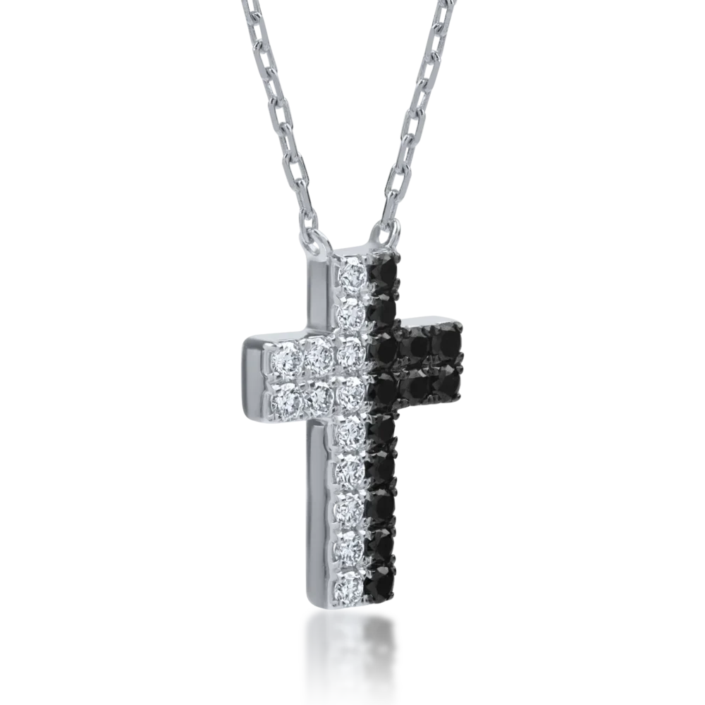 Lant cu pandantiv cruce din aur alb cu diamante incolore si negre de 0.4ct - imagine 2