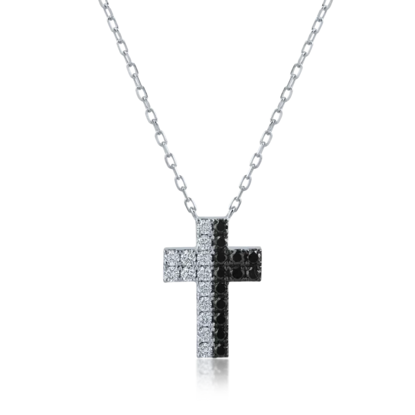 Lant cu pandantiv cruce din aur alb cu diamante negre de 0.25ct si diamante transparente de 0.22ct