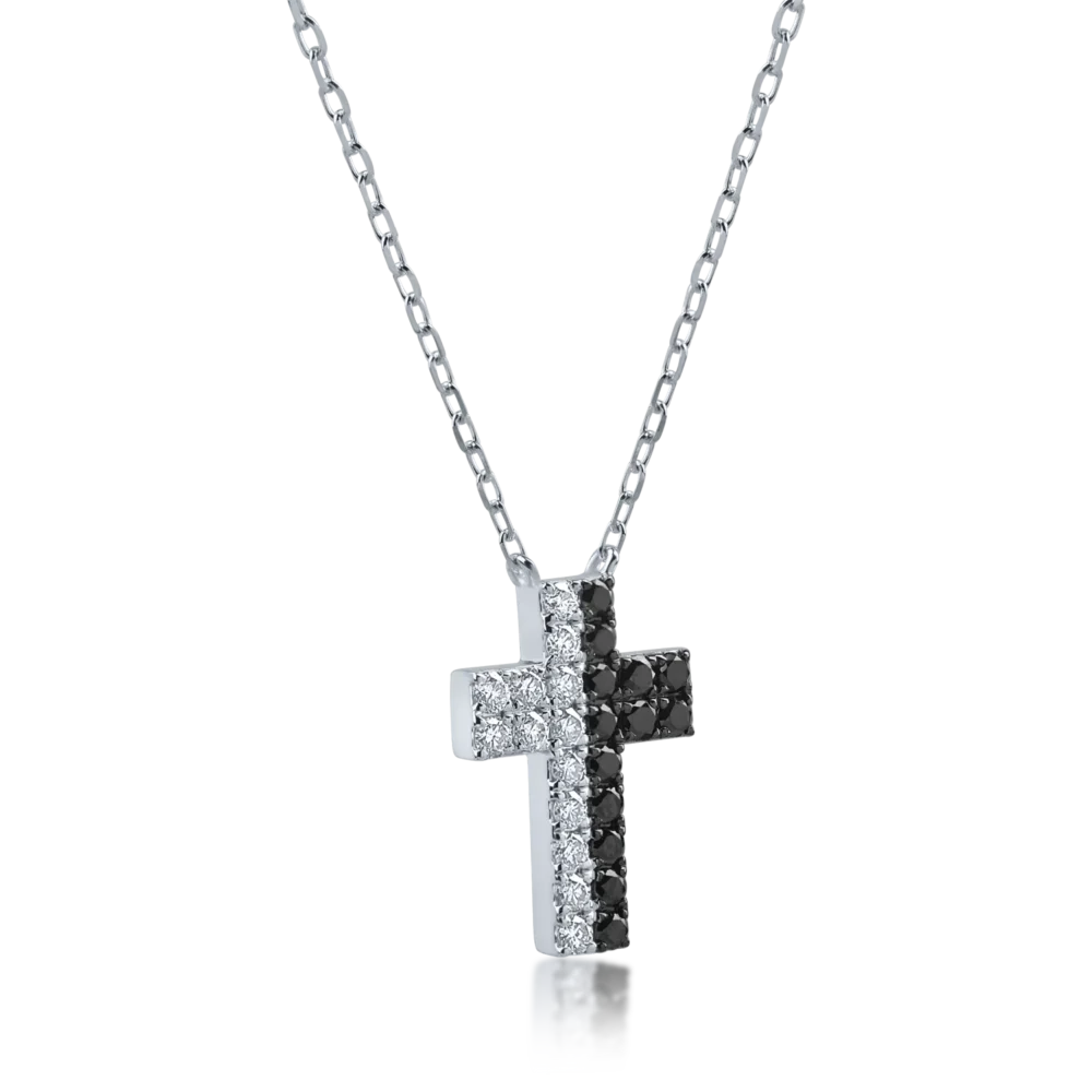 Lant cu pandantiv cruce din aur alb cu diamante negre de 0.25ct si diamante transparente de 0.22ct - imagine 2