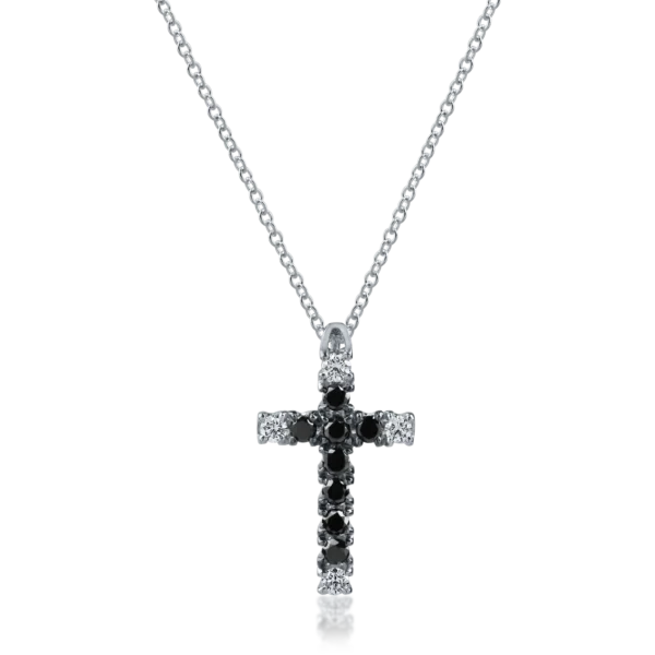 Lant cu pandantiv cruce din aur alb cu diamante negre de 0.28ct si diamante incolore de 0.12ct