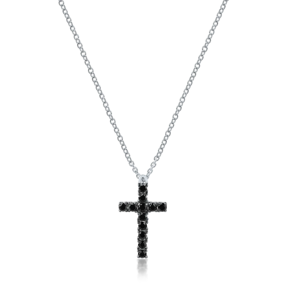 Lant cu pandantiv cruce din aur alb cu diamante negre de 0.28ct
