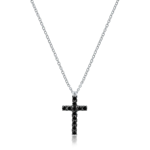 Lant cu pandantiv cruce din aur alb cu diamante negre de 0.28ct