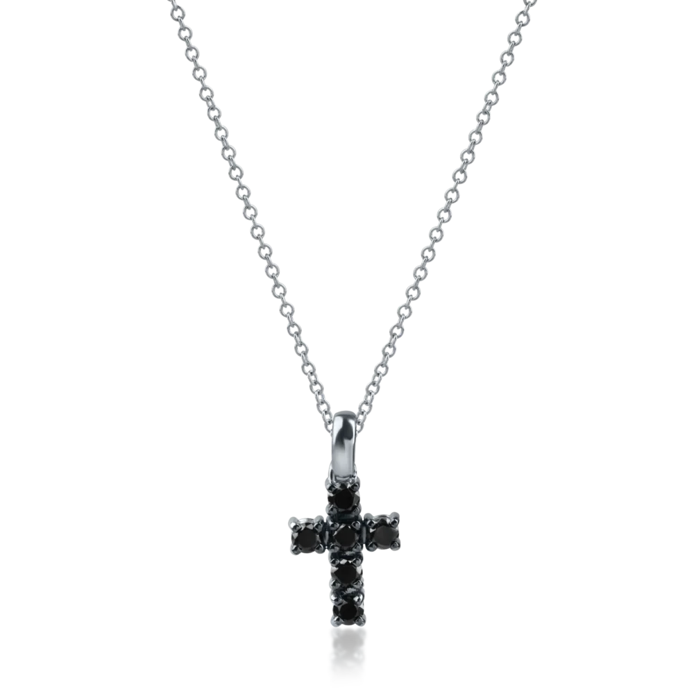 Lant cu pandantiv cruce din aur alb cu diamante negre de 0.31ct