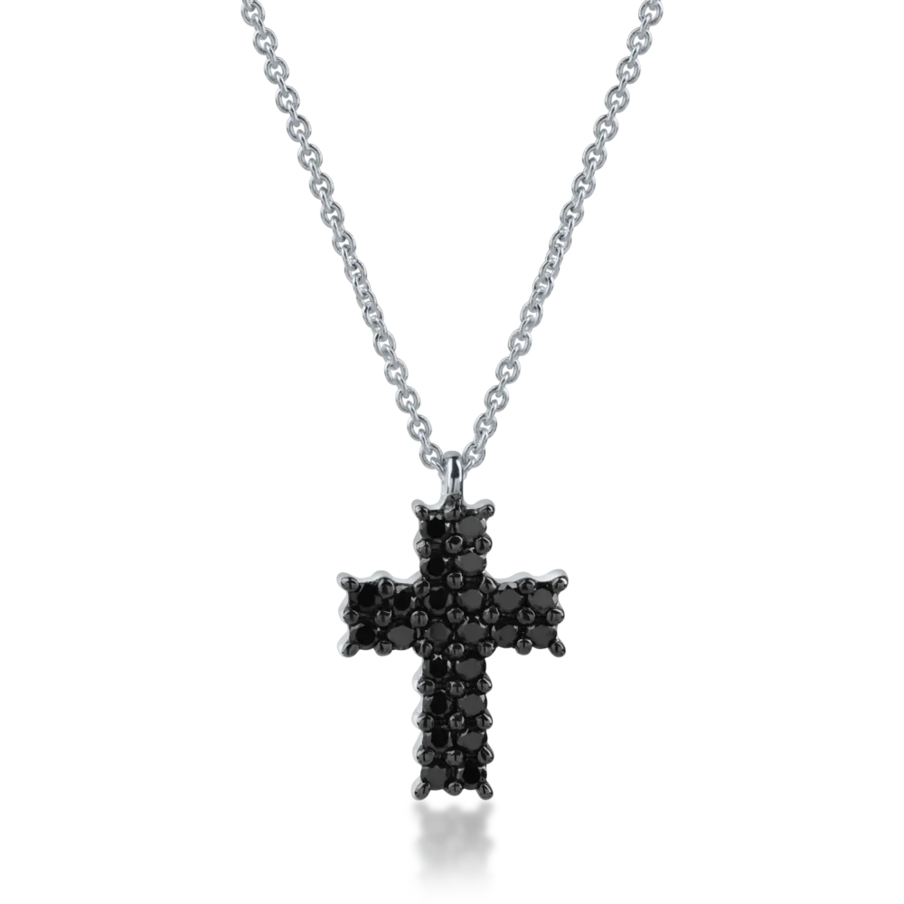 Lant cu pandantiv cruce din aur alb cu diamante negre de 0.38ct