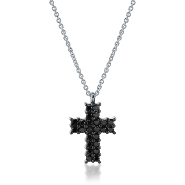 Lant cu pandantiv cruce din aur alb cu diamante negre de 0.38ct