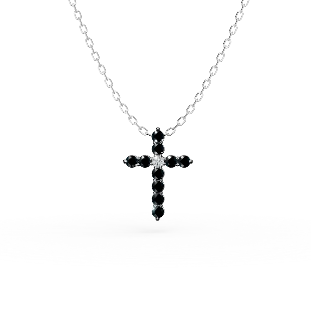 Lant cu pandantiv cruce din aur alb cu diamante negre de 0.3ct si diamant incolor de 0.03ct