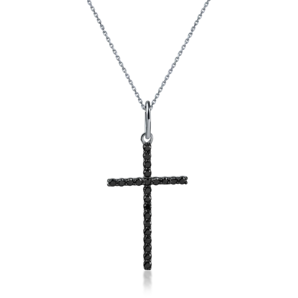 Lant cu pandantiv cruce din aur alb cu diamante negre de 0.4ct