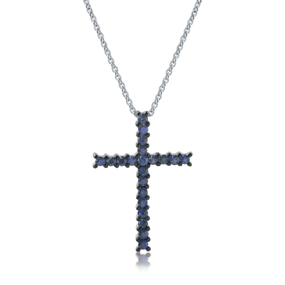 Lant cu pandantiv cruce din aur alb cu safire de 0.5ct
