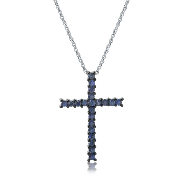 Lant cu pandantiv cruce din aur alb cu safire de 0.5ct