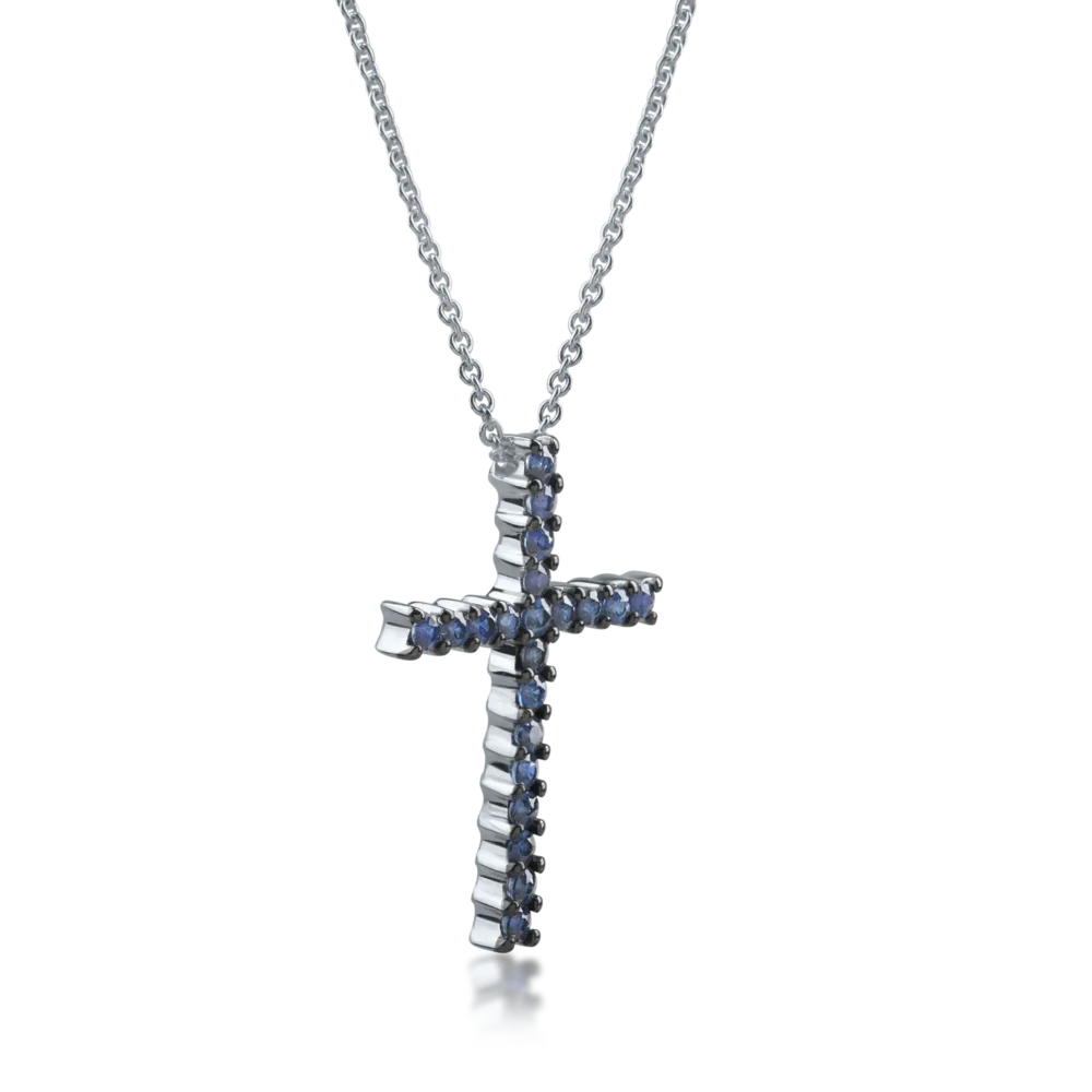 Lant cu pandantiv cruce din aur alb cu safire de 0.5ct - imagine 2