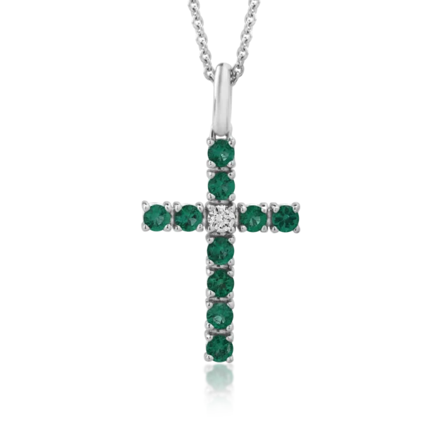 Lant cu pandantiv cruce din aur alb cu diamant de 0.05ct si smaralde de 0.48ct