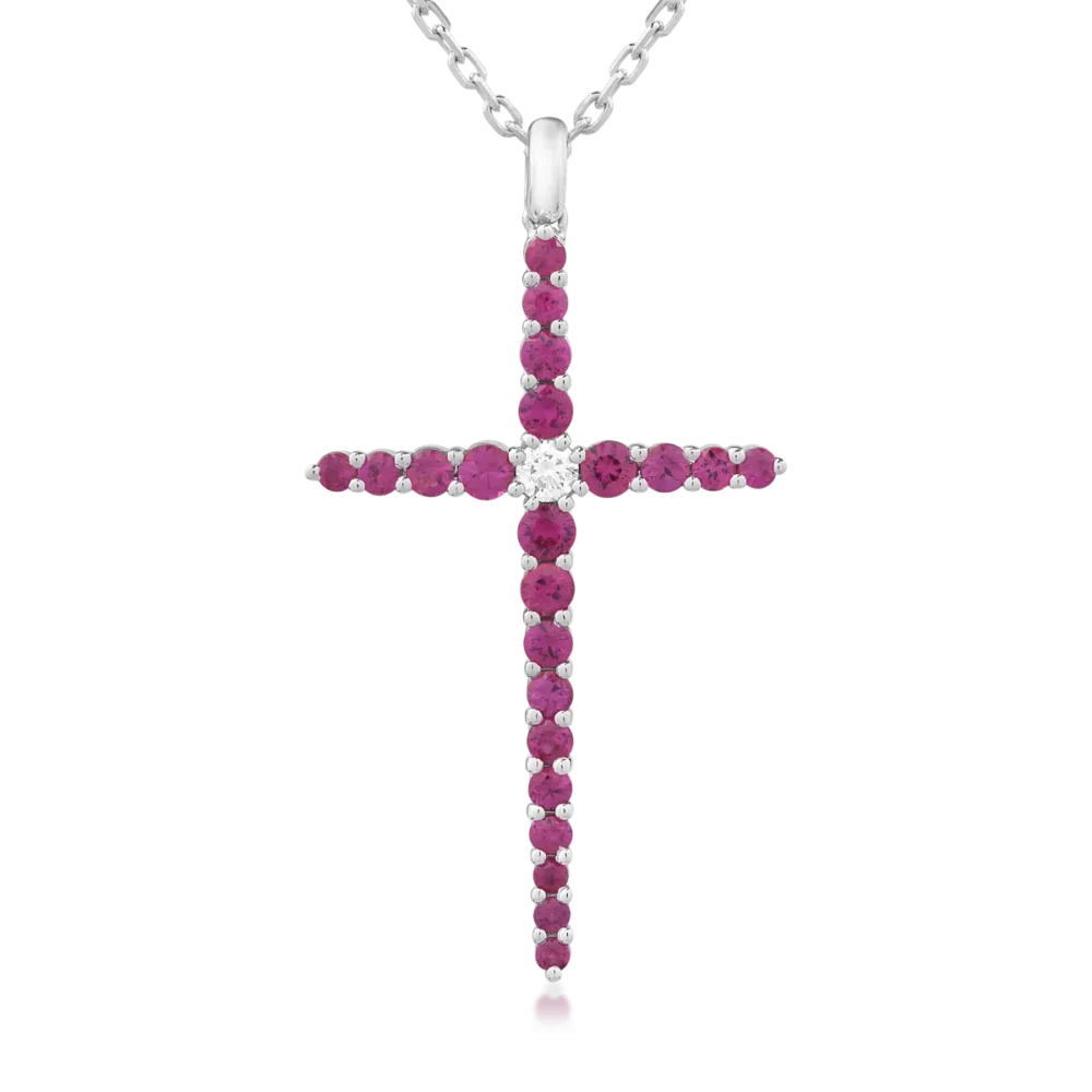 Lant cu pandantiv cruce din aur alb cu diamant de 0.09ct si rubine de 1.08ct