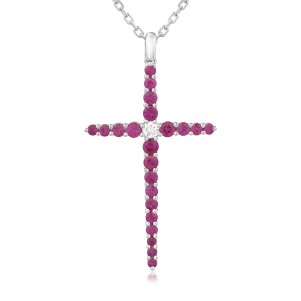 Lant cu pandantiv cruce din aur alb cu diamant de 0.09ct si rubine de 1.08ct