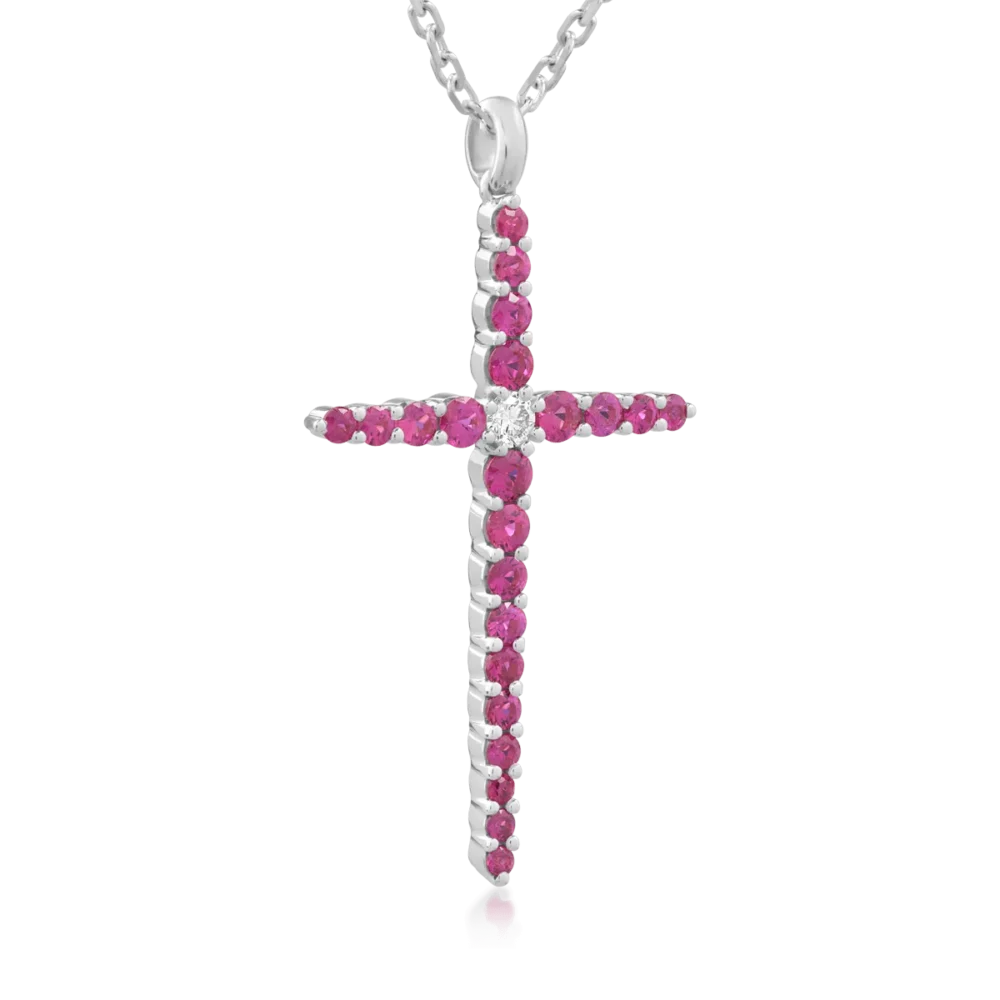 Lant cu pandantiv cruce din aur alb cu diamant de 0.09ct si rubine de 1.08ct - imagine 2