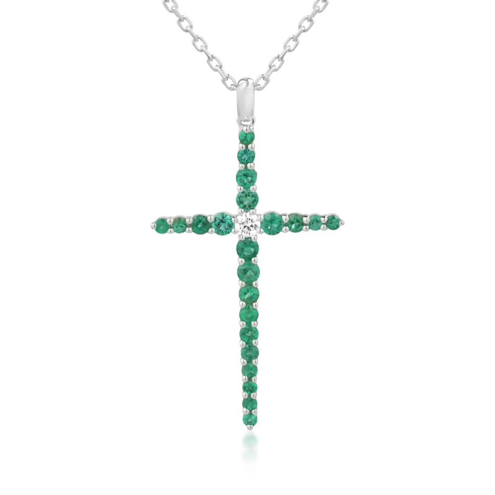 Lant cu pandantiv cruce din aur alb cu diamant de 0.09ct si smaralde de 0.85ct