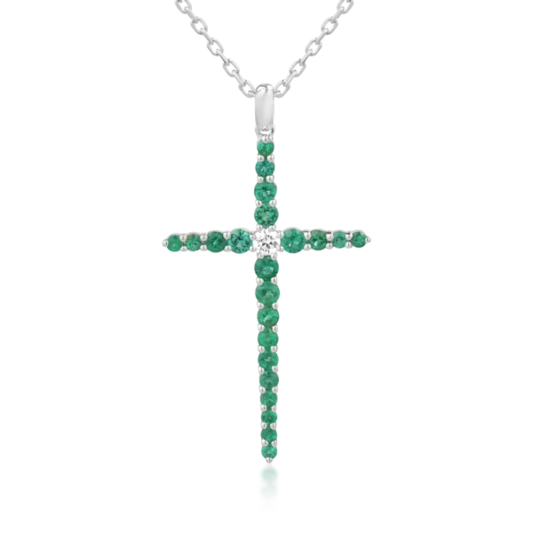 Lant cu pandantiv cruce din aur alb cu diamant de 0.09ct si smaralde de 0.85ct