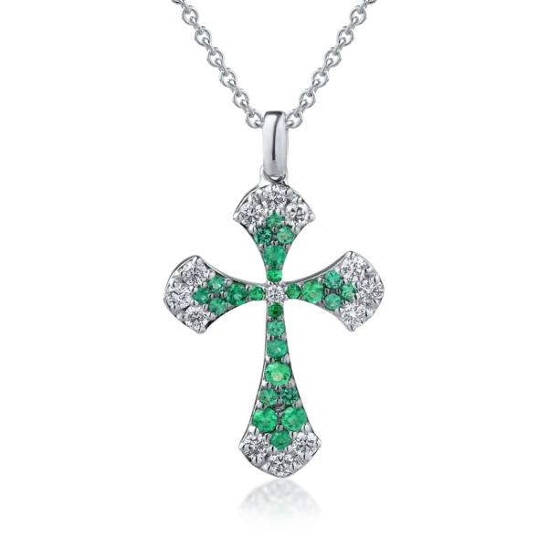 Lant cu pandantiv cruce din aur alb cu diamante de 0.42ct si smaralde de 0.31ct
