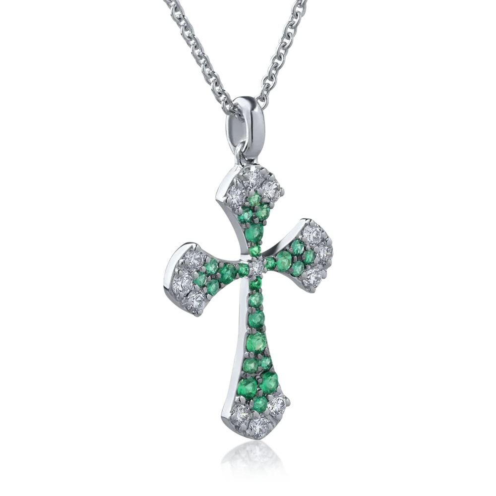 Lant cu pandantiv cruce din aur alb cu diamante de 0.42ct si smaralde de 0.31ct - imagine 2