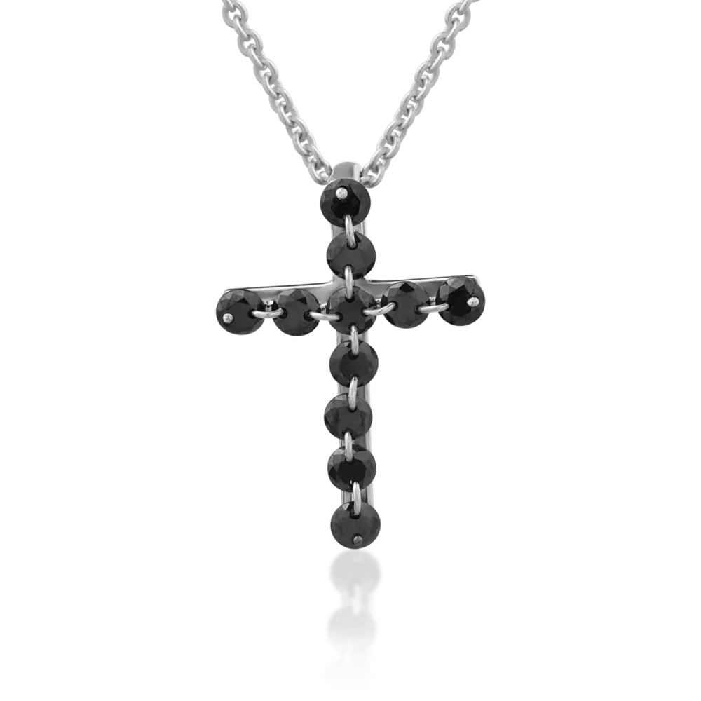 Lant cu pandantiv cruce din aur alb cu diamante negre de 0.43ct
