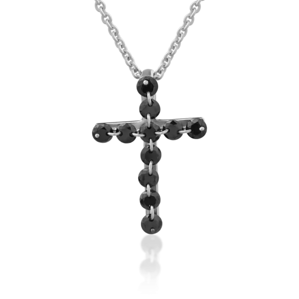 Lant cu pandantiv cruce din aur alb cu diamante negre de 0.43ct