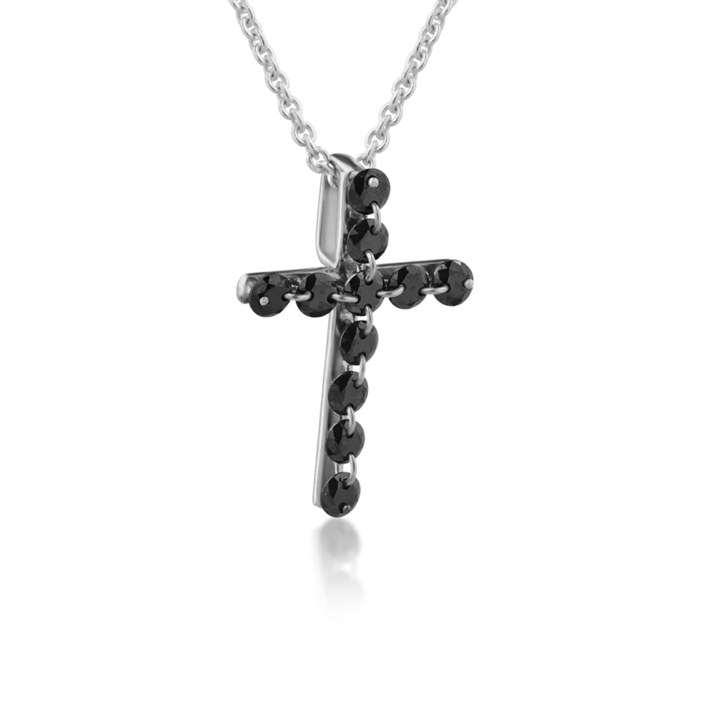 Lant cu pandantiv cruce din aur alb cu diamante negre de 0.43ct - imagine 2